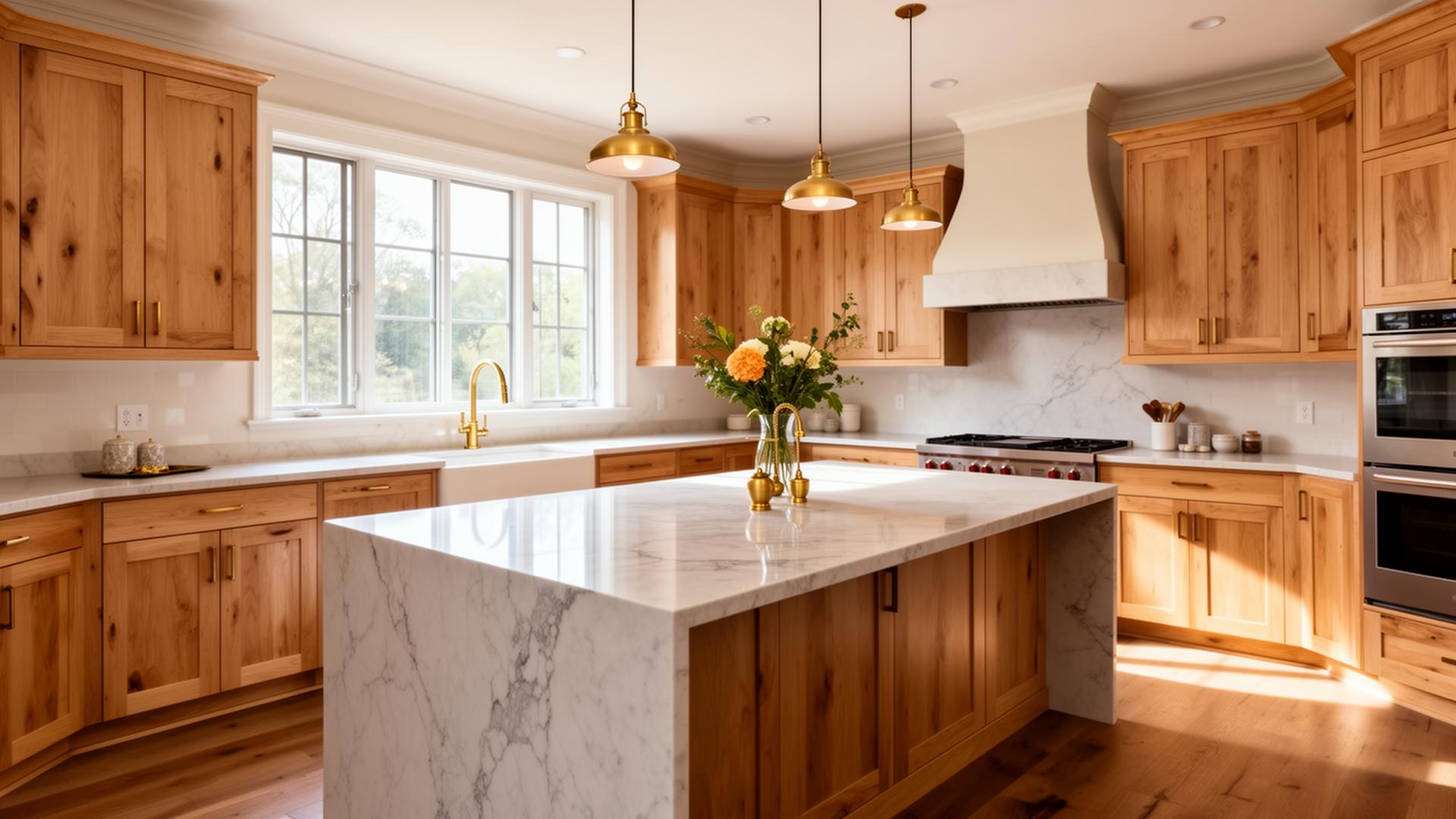 A finished modern farmhouse kitchen remodel with solid maple cabinetry by Dlouhy Construction